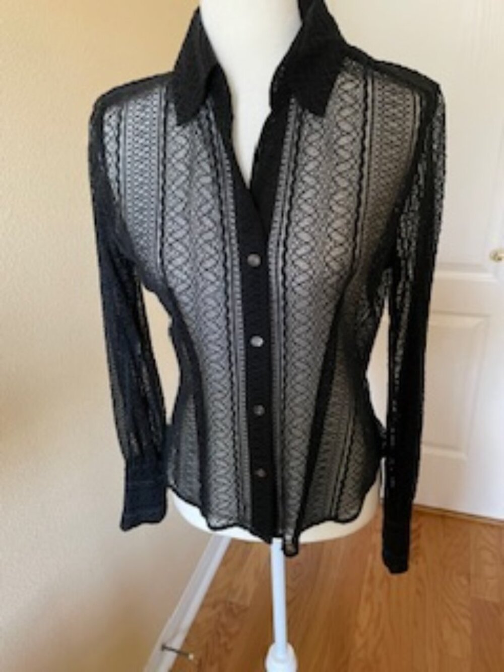Laundry Black Sheer Blouse with Intricate Mesh Design - Size M